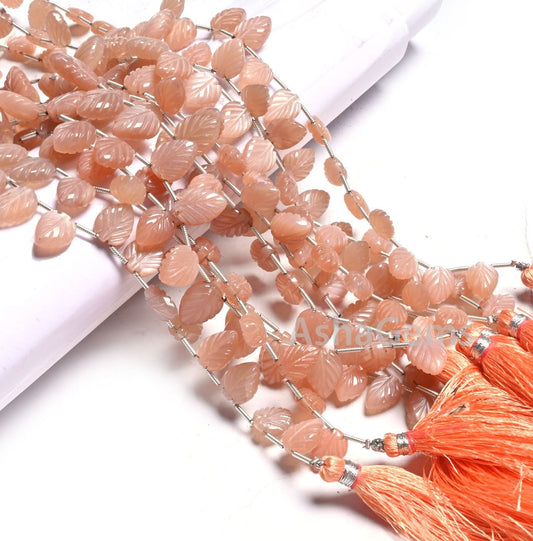 AAA Quality Peach Moonstone Leaf Shape Carving Beads,Natural Moonstone Fancy Carved Pear Briolette Side Drill Gemstone Handmade Bead Jewelry