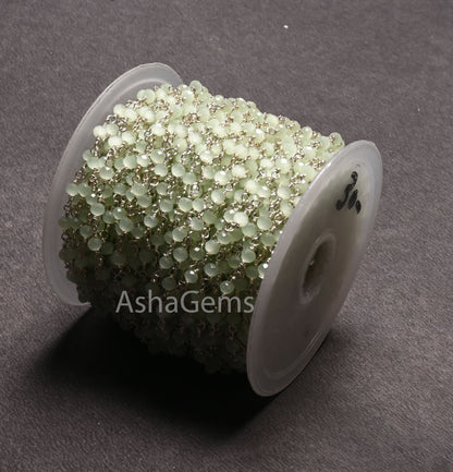 1,3,10,50 Feet Bulk Roll, Green Prehnite Hydro Faceted Beads Rosary Chain 3.5mm Silver Plated Wire wrapped Beaded Chain Rosary Jewelry Craft