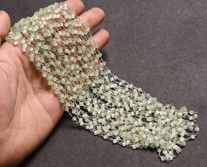 1,3,10,50 Feet Bulk Roll, Green Prehnite Hydro Faceted Beads Rosary Chain 3.5mm Silver Plated Wire wrapped Beaded Chain Rosary Jewelry Craft