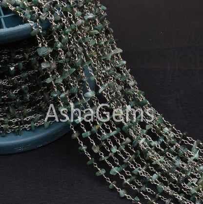 Natural Green Emerald uncut chip Beads Rosary Chain Silver Plated Wire Wrap Emerald  Chip Beaded handmade Chains For Jewelry Necklace Crafts