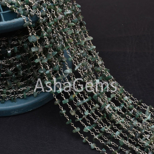 Natural Green Emerald uncut chip Beads Rosary Chain Silver Plated Wire Wrap Emerald  Chip Beaded handmade Chains For Jewelry Necklace Crafts