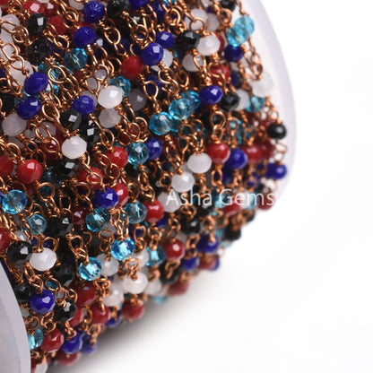 Beautiful Multi Color Disco Hydro Beads Rondelle Rosary Chain,3.5mm Rose Gold Plated Wire Wrap Micro Cut Beaded Chain Jewelry Making Necklace