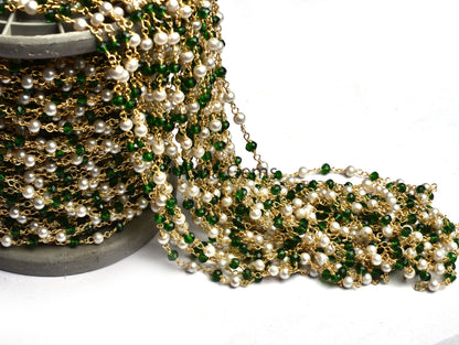 Beautiful White Pearl Chrome Diopside Hydro Faceted Rondelle Beads Rosary Chain Gold Plated Wire Wrapped Chain Jewelry making Finding, Chain