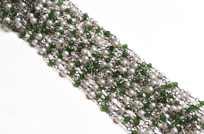 Beautiful Pearl, Chrome Green Hydro Beads Rosary Chain,3 mm Black Plated Gunmetal Wire Wrap Faceted Rondelle Beads Chain Jewelry Making SALE