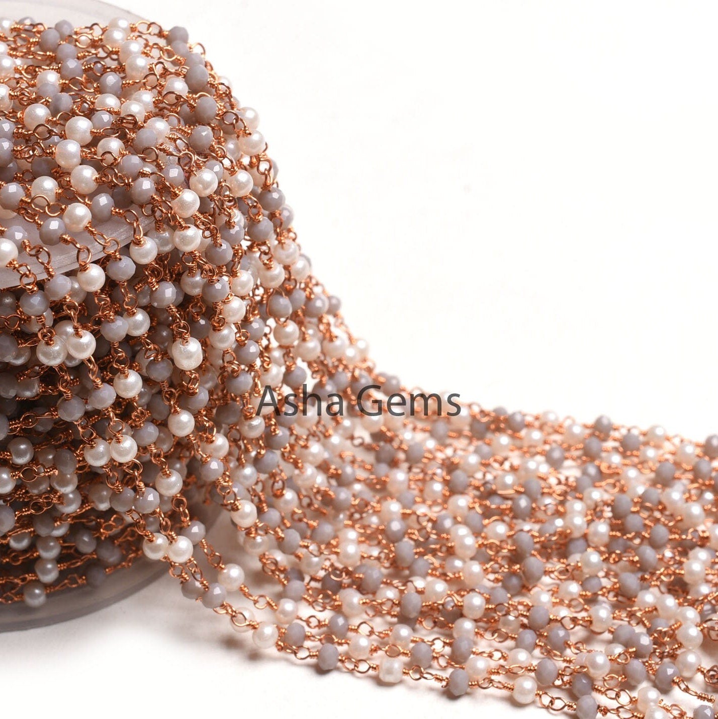 Rose Gold Plated White Pearl Grey Moonstone Hydro Beads Rosary Chain, Faceted Rondelle Beads Wire wrapped Bulk Rosary Chain, Jewelry Making