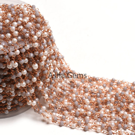 Rose Gold Plated White Pearl Grey Moonstone Hydro Beads Rosary Chain, Faceted Rondelle Beads Wire wrapped Bulk Rosary Chain, Jewelry Making