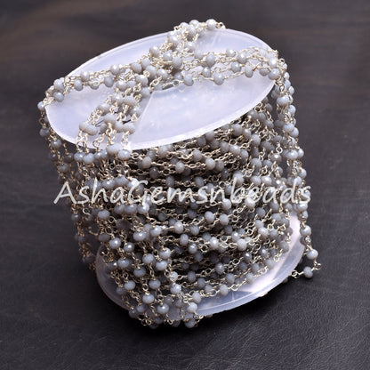Grey Moonstone Hydro Rondelle Faceted Beads Rosary Chain Silver Plated Wire Wrap Jewelry Making Chains 3-3.5mm Bulk Roll Chain Necklace SALE