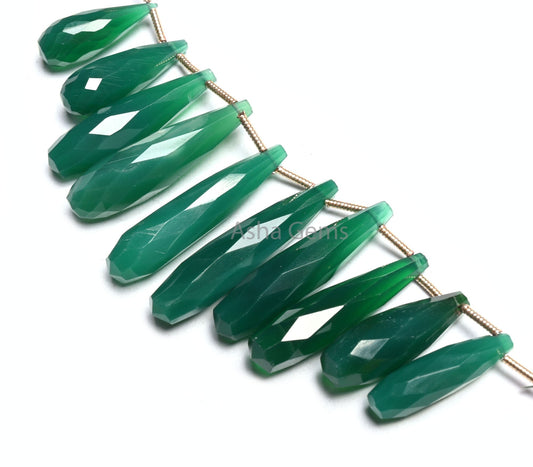 Fine Quality Green Onyx Fancy Long Pencil Drop Gemstone Beads, Green Onyx Faceted Teardrop Briolette Side Drill Beads For Jewelry Craft SALE