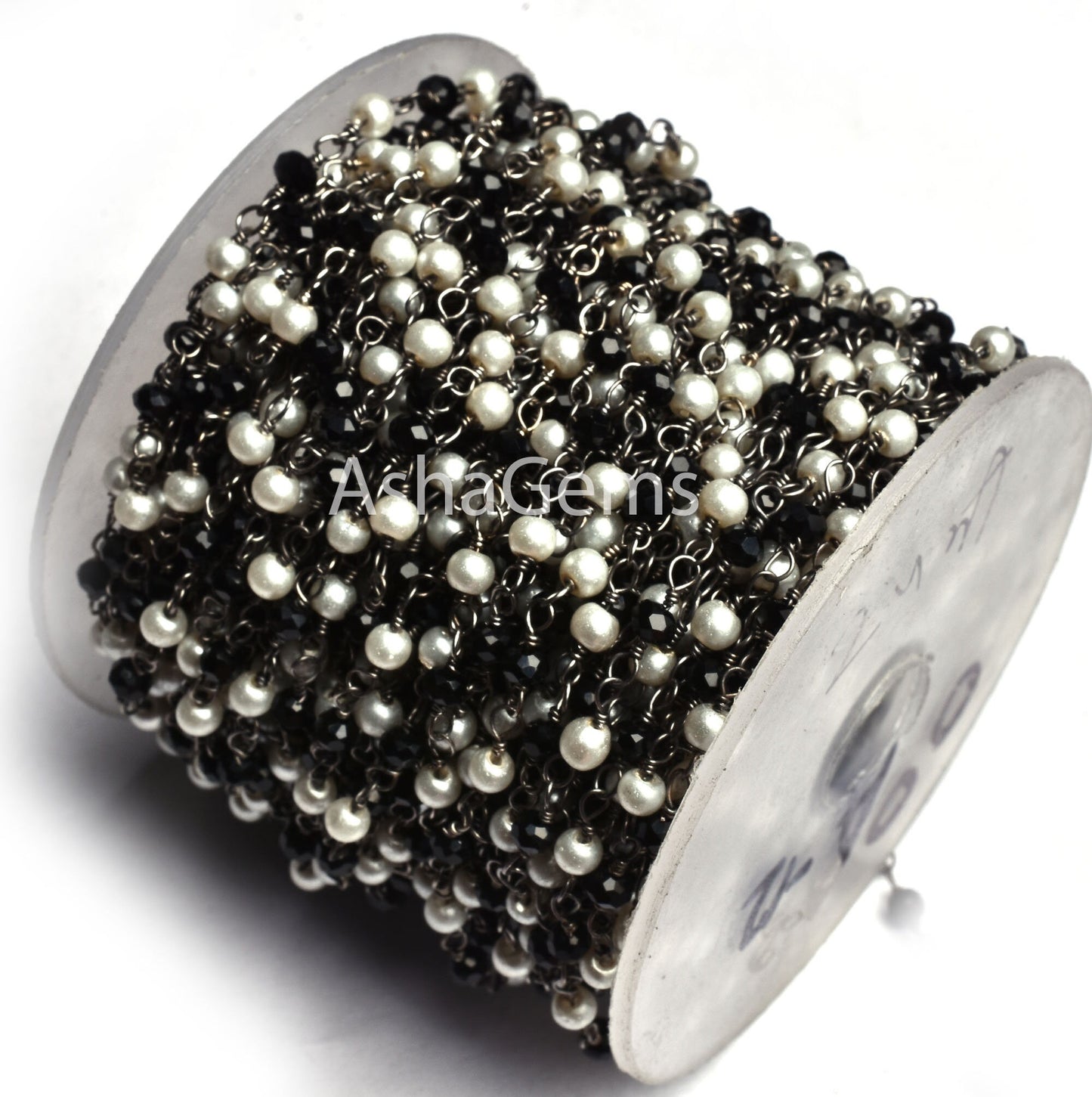 1,5,10,25 feet Beautiful Pearl, Black Spinel Hydro Beads Rosary Chain, Black Metal Plated Multi Color Rondelle Beaded Gunmetal Chain Jewelry