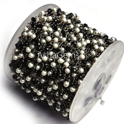 1,5,10,25 feet Beautiful Pearl, Black Spinel Hydro Beads Rosary Chain, Black Metal Plated Multi Color Rondelle Beaded Gunmetal Chain Jewelry