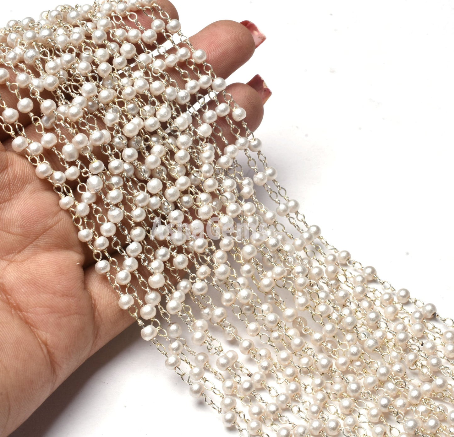 SALE 3,5,10,25 Ft White Pearl Hydro Faceted Rondelle Beaded Rosary Chain Silver Plated Wire,Jewelry Making Finding,Wire Wrapped Chain 3-3.5