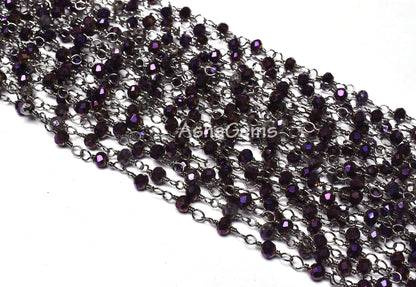 3,5,10,25 Ft Purple Mystic Pyrite Hydro Faceted Rondelle Beaded Rosary Chain Black Plated Wire Wrapped Chain, Jewelry Making Finding 3.5 mm