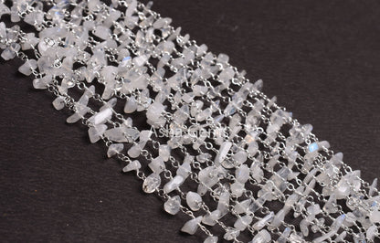Natural Rainbow Moonstone Uncut Chips Beads Rosary Chain Silver,Gold Plated Wire Bulk Roll Beads Chain Jewelry Making Tiny Nugget Bead Chain