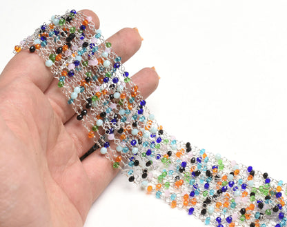 Beautiful Multi Color Disco Hydro Beads Rosary Chain By Feet, Mix Color Micro Cut Rondelle Chain Silver Plated Wire Wrap Chain Jewelry Craft