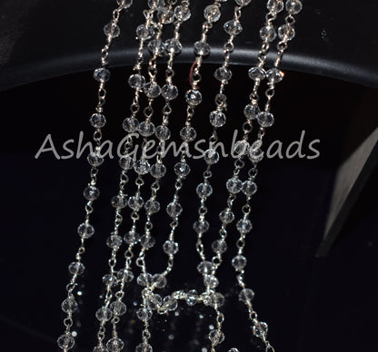 3,5,10,25 Feet,Crystal Quartz Hydro Rondelle Faceted Beads Rosary Chain,Silver Plated Wire,Jewelry Making Craft,Finding,3-3.5mm,Beaded Chain