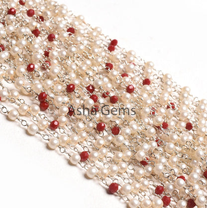 Pearl Red Ruby Hydro Rondelle Beads Rosary Chain, Silver Plated Wire Bulk Roll Multi Color Chain,3,10,50 Foot Chain For jewelry Making Craft