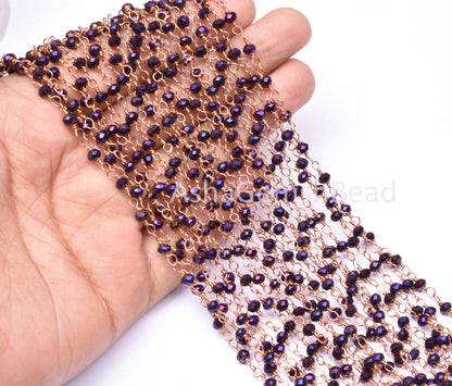 Beautiful Purple Mystic Pyrite Hydro Faceted Rondelle Beads Rosary Chain Rose Gold Plated Copper Wire Wrap handmade Chain Jewelry Making,3mm