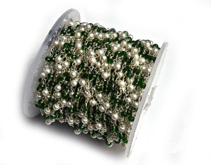 SALE 3,10,25,50 Foot Pearl Chrome Diopside Hydro Beads Rosary Chain Silver Plated Wire Wrap Faceted Rondelle Beaded Chain Jewelry Making DIY