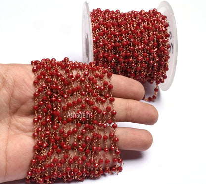 1,3,5,10,25 Feet Red onyx Hydro Faceted Rondelle Beaded Rosary Chain Rose Gold Plated, Finding,Wire Wrapped Chain Jewelry Making DIY Chain