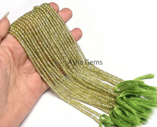 15" Strand Beautiful Green Zircon Micro Cut Rondelle Faceted Gemstone Beads 3 mm, AAA Quality Peridot Green Color Cubic Zircon Beads Jewelry