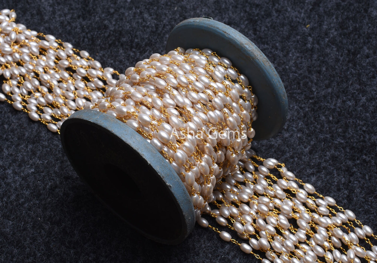 White Rice Pearl Hydro Smooth Beaded Rosary Chain 1,3,5,25 Ft White Pearl Gold Plated Wire Chain 4.5x7 mm Size Beads Wire Wrapped Chain