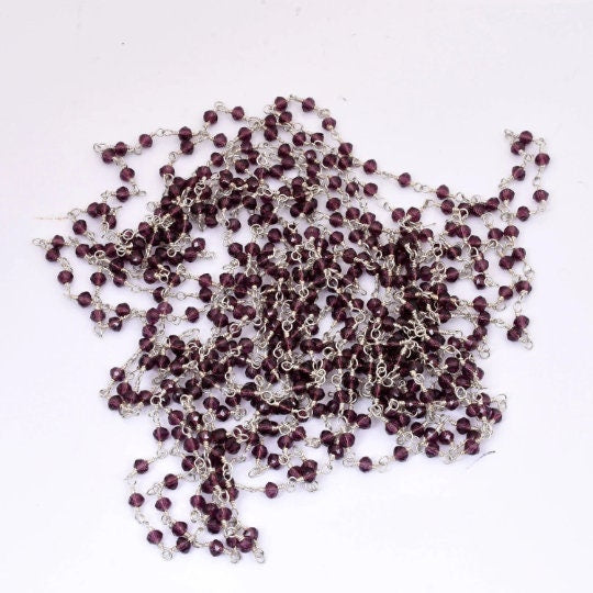 1,3,5,10 Feet Roll Bulk,Silver Plated, Faceted Rondelle Garnet Hydro Beads Rosary Chain Beaded Jewelry Making Finding Wire Wrapped Chain 3mm