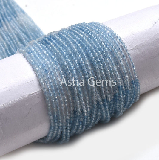 2.5 mm AAA Aquamarine Machine Cut Faceted Gemstone Beads, Natural Shaded Blue Aquamarine Micro Cut Rondelle Beads, Tiny Aquamarine Bead SALE