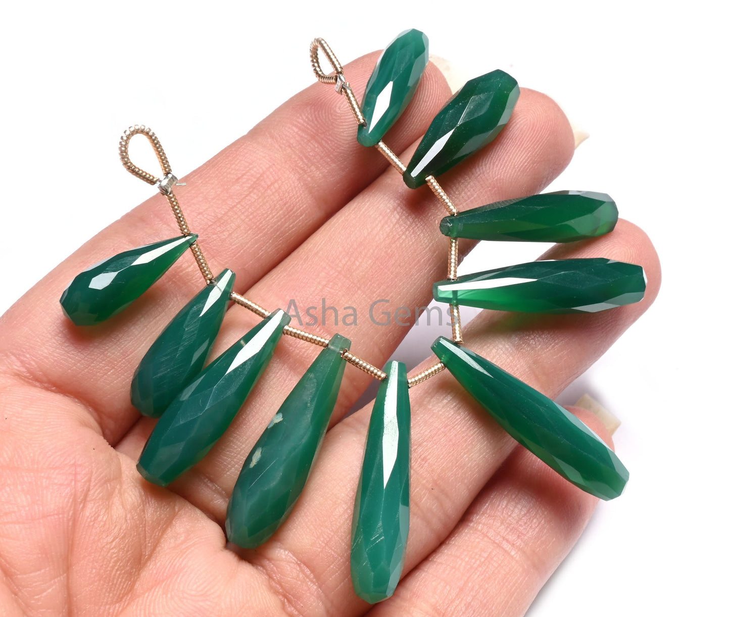 Fine Quality Green Onyx Fancy Long Pencil Drop Gemstone Beads, Green Onyx Faceted Teardrop Briolette Side Drill Beads For Jewelry Craft SALE
