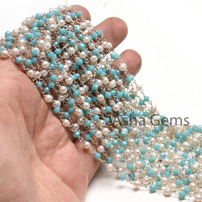 1,5,10,50 Feet Rosary Chain White Pearl, Blue Turquoise Hydro Beads Chain Silver Plated Wire Wrap Multi Color Beaded Chain For Necklace SALE