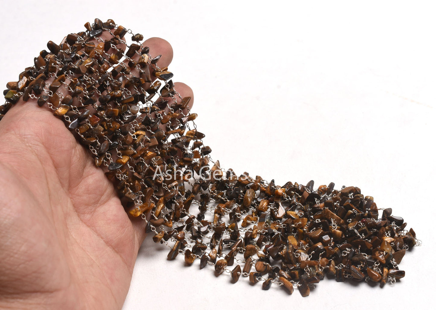 Natural Tiger Eye Uncut Chip Beads Rosary Chain Smooth Uneven Nugget Silver Plated Wire Beaded Chain Chip Gemstone Beads Chain Jewelry Craft