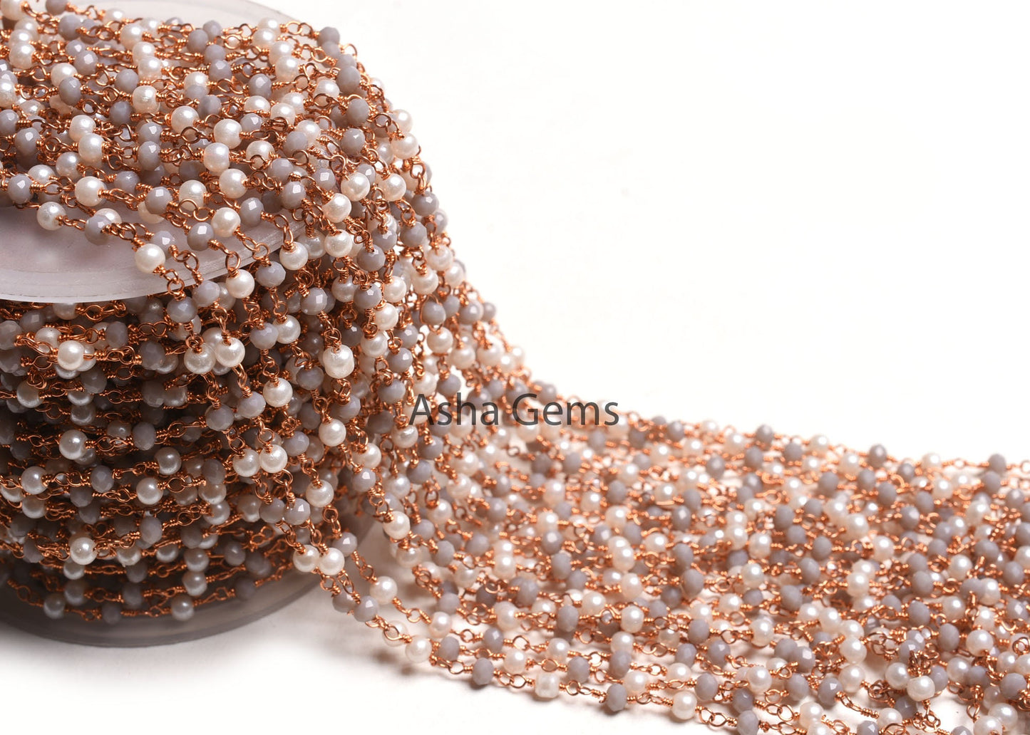 Rose Gold Plated White Pearl Grey Moonstone Hydro Beads Rosary Chain, Faceted Rondelle Beads Wire wrapped Bulk Rosary Chain, Jewelry Making