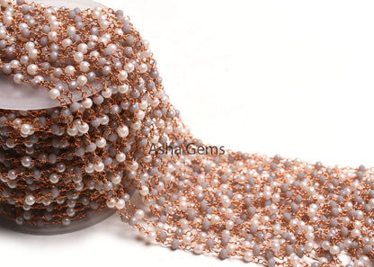 Rose Gold Plated White Pearl Grey Moonstone Hydro Beads Rosary Chain, Faceted Rondelle Beads Wire wrapped Bulk Rosary Chain, Jewelry Making