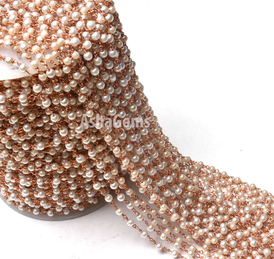 5,10,25,50 Ft Pearl Hydro Rondelle Beads Rosary Chain Rose Gold,Gold Plated Jewelry Making Finding,Wire Wrap Chain 3-3.5mm,White Pearl Chain