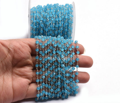 AAA Blue Milky Chalcedony Hydro Beads Rosary Chain by feet,4 mm Silver Plated Wire Wrap Micro Cut Rondelle Faceted Bead Chain Rosary Jewelry