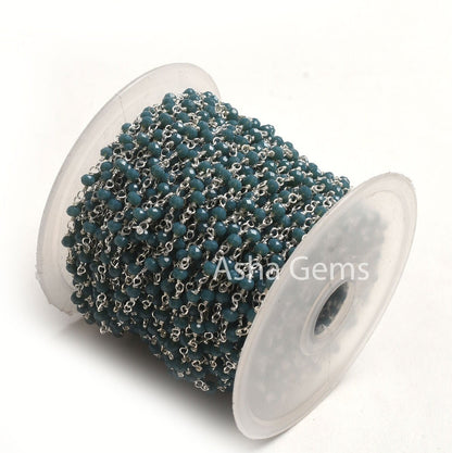 1,5,25, Ft Chain, Light Neon Blue Apatite Hydro Silver Plated Rosary Chain, Faceted Micro Cut Beads Chain Wire Bulk Finding Chain Jewelry