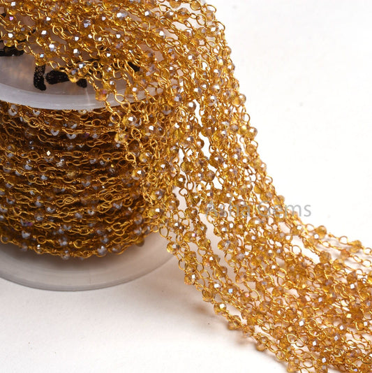 Amazing Brown Quartz Hydro Silver Coated Beads Rosary Chain,3mm Gold Plated Wire Wrap Rondelle Micro Cut Beads Chain Jewelry Necklace Crafts