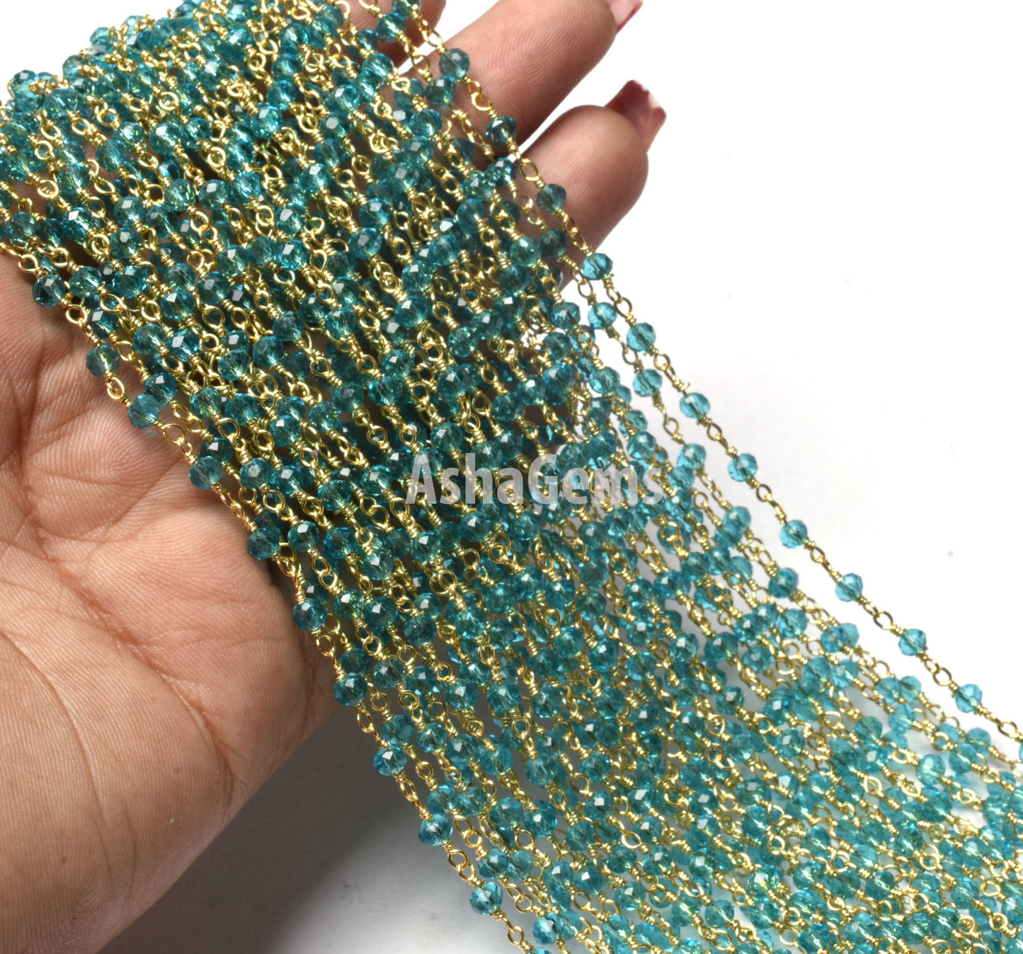 SALE 3,5,10,25 Feet Blue Topaz Hydro Faceted Rondelle Beaded Rosary Chain Gold Plated Wire,Jewelry Making Finding,Wire Wrapped Chain 3-3.5mm