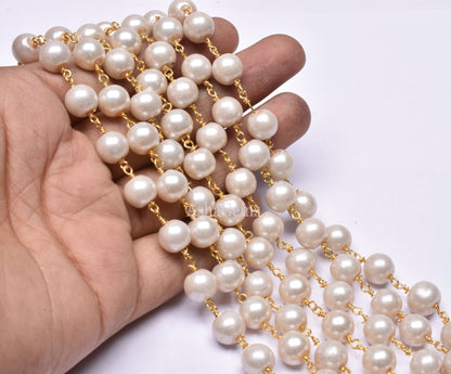 3,5,10,25 Ft,Pearl Hydro Rondelle Beaded Rosary Chain,Gold,Rose Gold Plated,Jewelry Making Chain,Finding,Beautiful Wire Wrapped Chain, 8 mm