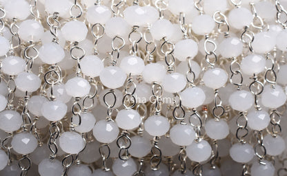 4mm White Moonstone Hydro Micro Cut Beads Rosary Chain Silver Plated Wire Wrap Beaded White Crystal handmade Chain Rosary Jewelry Craft SALE