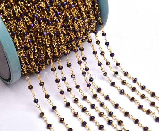3,10,50 Foot Purple Mystic Pyrite Hydro Faceted Rondelle Beads Rosary Chain Gold Plated Wire Wrapped Beaded Chain Jewelry Making Crafts SALE