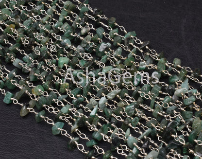 Natural Green Emerald uncut chip Beads Rosary Chain Silver Plated Wire Wrap Emerald  Chip Beaded handmade Chains For Jewelry Necklace Crafts
