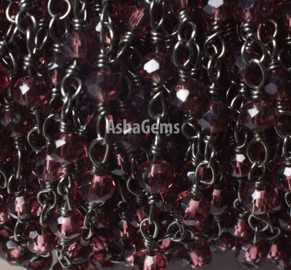 SALE 3,5,10,25 Ft Rhodolite Garnet Hydro Faceted Rondelle Beaded Rosary Chain Black Plated Wire,Jewelry Making Finding, Chain 3-3.5mm