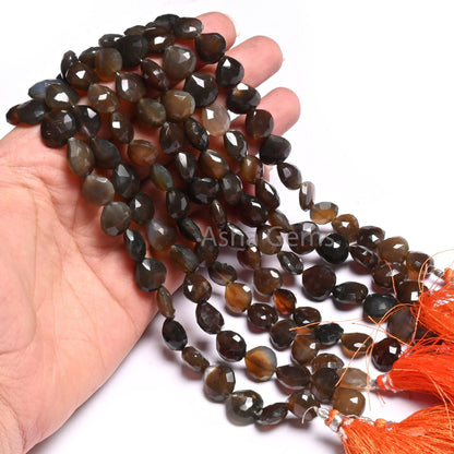 Beautiful Dark Grey Brown Chalcedony Faceted Heart Bead,9.5" Shaded Chalcedony Heart Straight Drill Gemstone Briolette Beads Jewelry Crafts