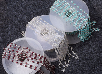 92.5 Silver Rosary chain Wire Wrapped Natural garnet Crystal Amazonite Faceted Beads Chain Real Silver gemstone Beaded rosary chains Jewelry