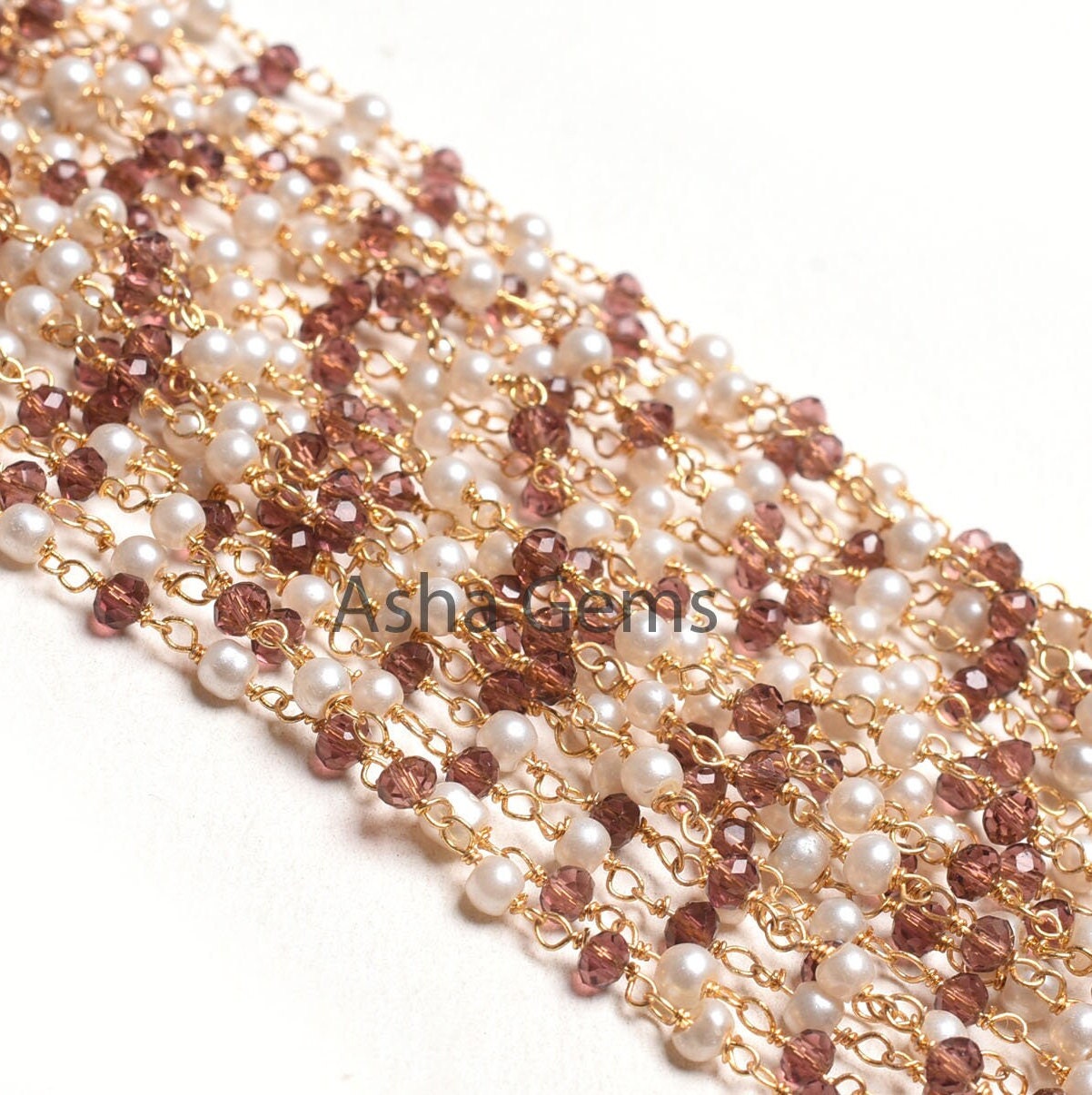 Rosary Chain by Foot Pearl Garnet Hydro Faceted Beads Chain Gold Plated Wire Bulk Roll Jewelry Making Rondelle Beaded Rosary Chain Craft DIY