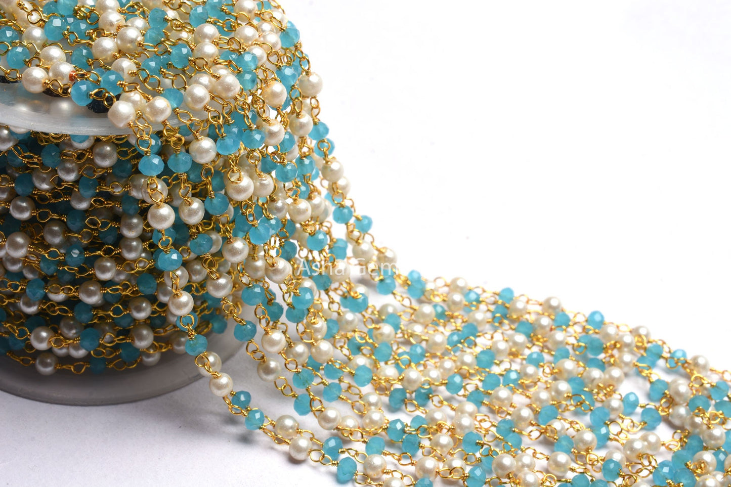 Beautiful Pearl, Blue Chalcedony Hydro Beads Rosary Chain,4 mm Multi Color Rondelle Gold Plated Wire Wrap Bulk Handmade Chain Jewelry Making