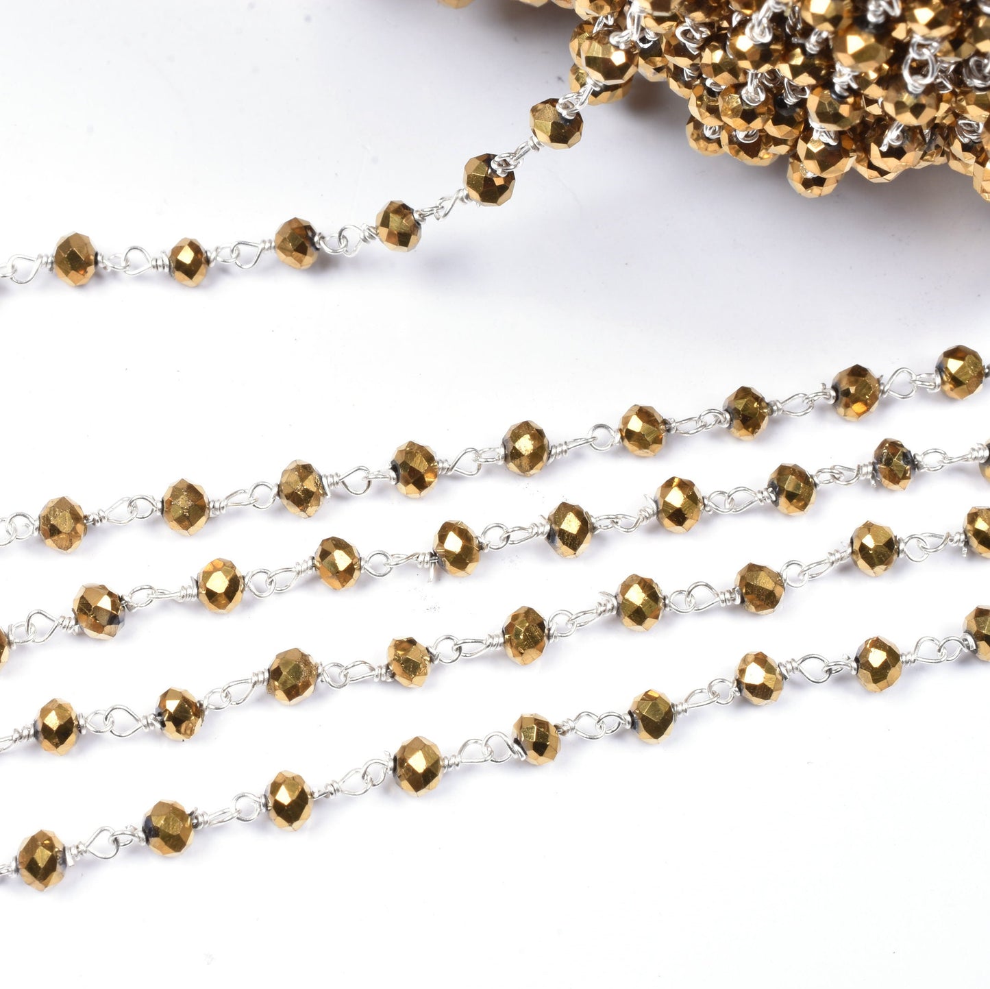 SALE 3,5,10,25Ft Golden Pyrite Hydro Faceted Rondelle Beaded Rosary Chain Silver Plated Wire,Jewelry Making Finding,Wire Wrapped Chain 3-3.5