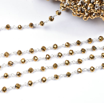 SALE 3,5,10,25Ft Golden Pyrite Hydro Faceted Rondelle Beaded Rosary Chain Silver Plated Wire,Jewelry Making Finding,Wire Wrapped Chain 3-3.5