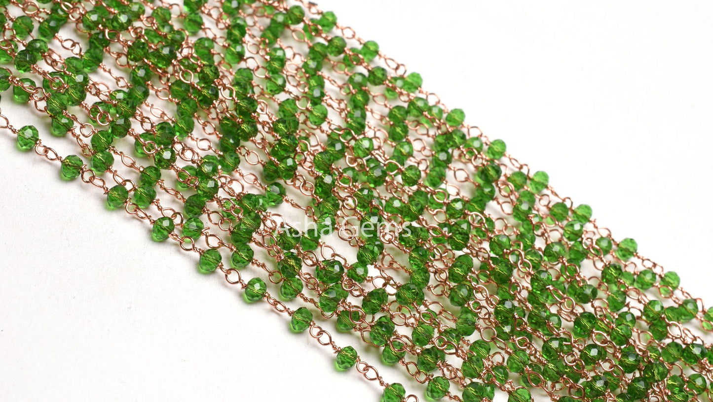 Rosary Chain, Green Chrome Diopside Hydro Faceted Beads Chain Rose Gold Plated Copper wire wrap rondelle Micro cut Beads Handmade Chain SALE