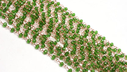 Rosary Chain, Green Chrome Diopside Hydro Faceted Beads Chain Rose Gold Plated Copper wire wrap rondelle Micro cut Beads Handmade Chain SALE